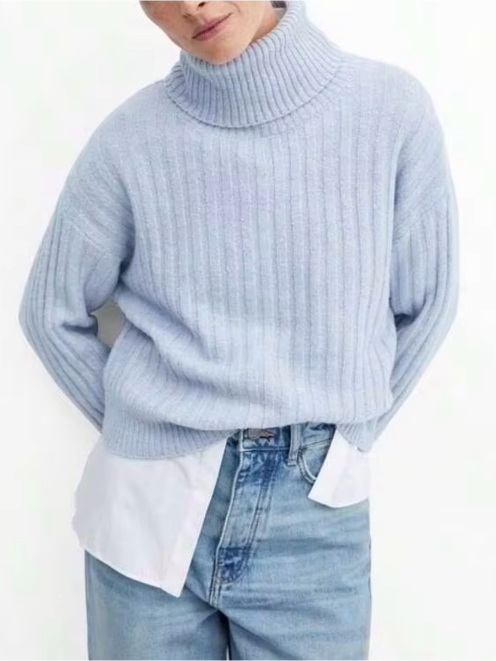 NEW Mango MNG Blue Turtleneck Cable Knit Sweater Wool Blend Oversized Size M NWT